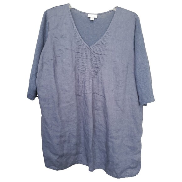 J Jill Love Linen Blue Pintucked Elbow Sleeve Mixed Media Tunic Size 1X - Picture 1 of 6